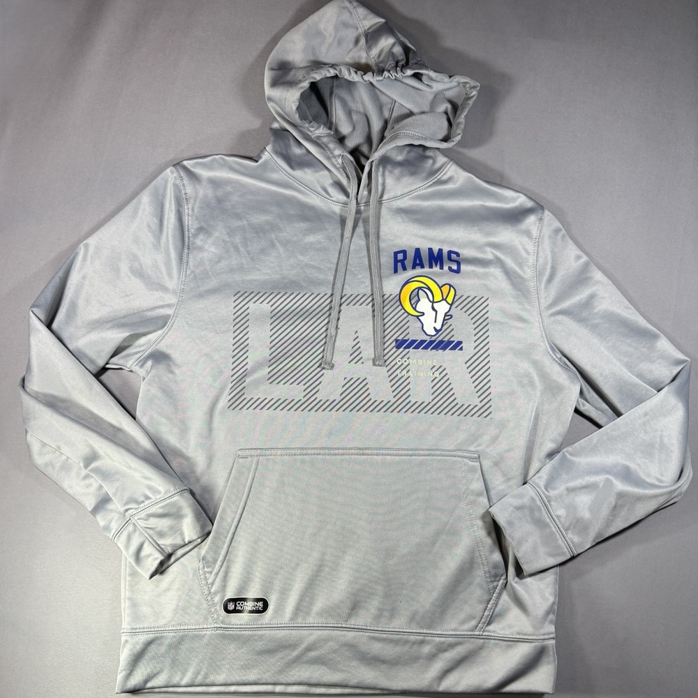 LA Rams Sweatshirt Large Gray Pullover Hoodie Combine Fleece Lined Team Apparel